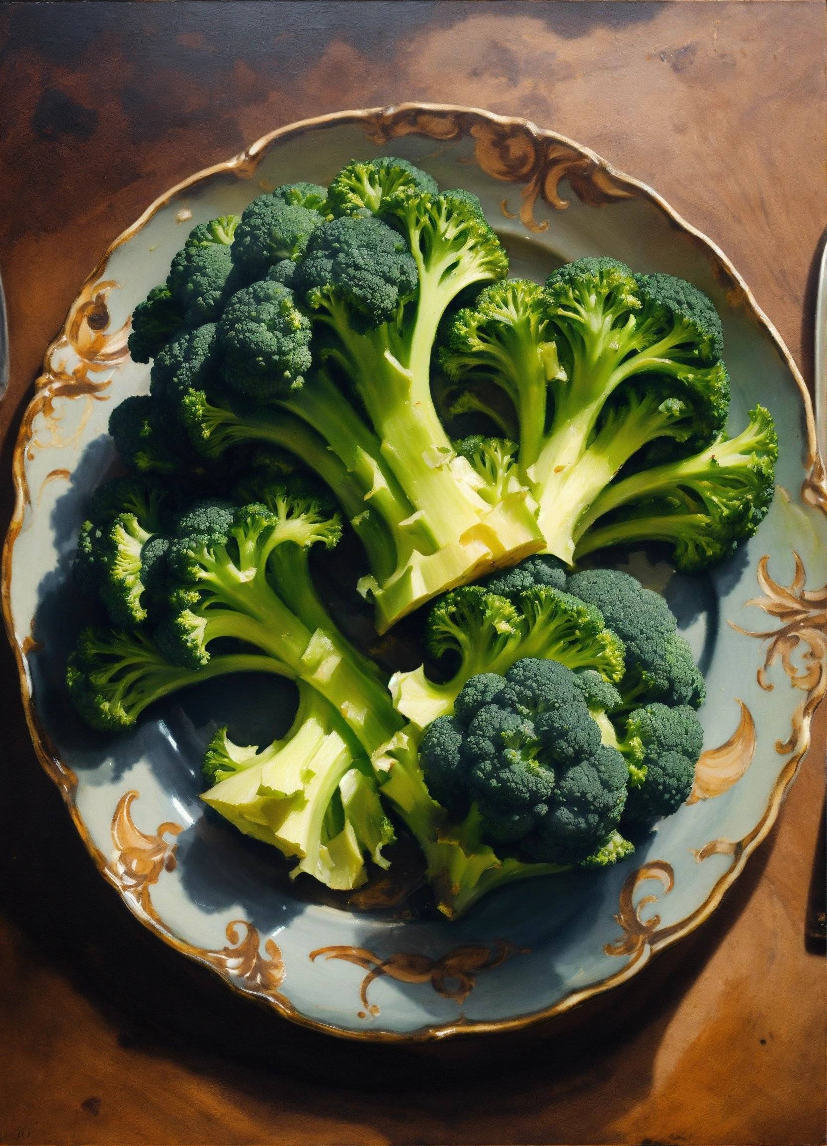 still life oil painting of broccoli on a plate